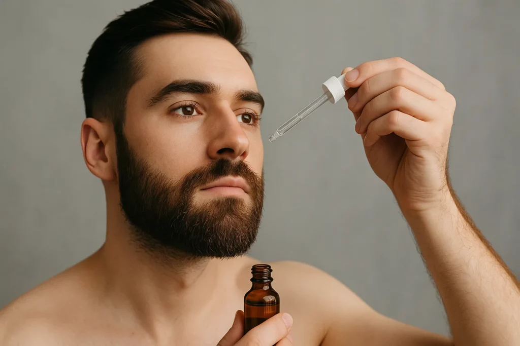 un homme qui applique du minoxidil sur sa barbe