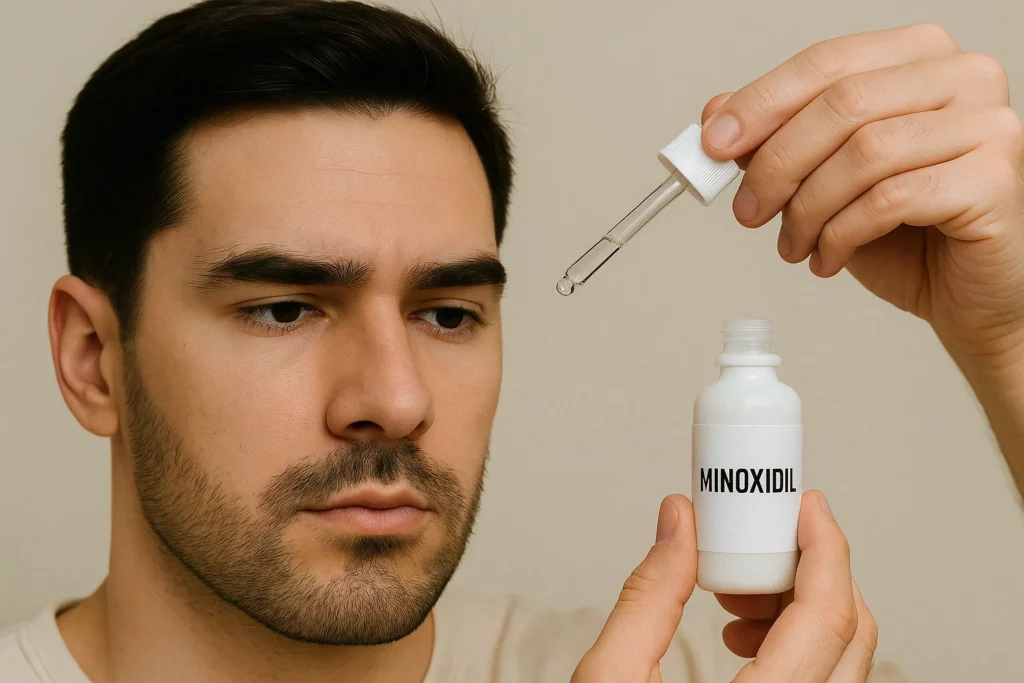 un homme qui tient un flacon de minoxidil, il a de beaux sourcils